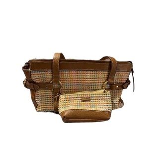 Multi-color woven ROSETTI handbag with brown vinyl trim.